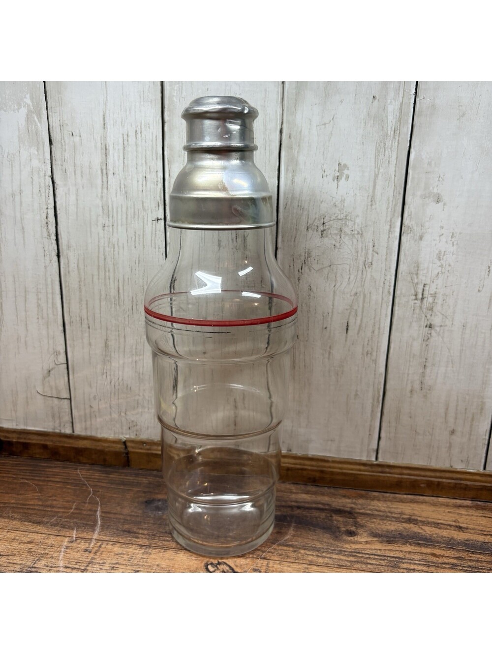 Vintage Cocktail Shaker Red Stripe Art Deco Glass MCM Aluminum Cap Drink Mixer